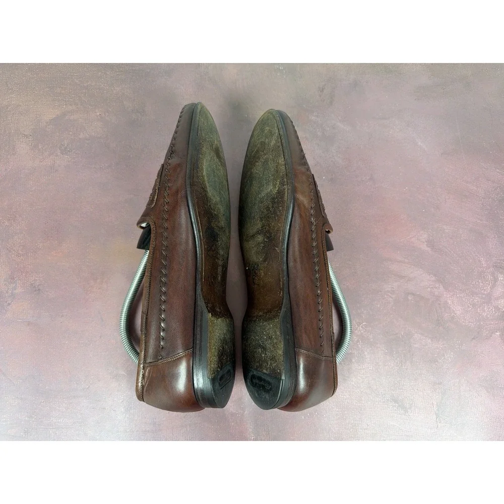 Santoni Cognac Calf Leather Loafer Brogued‎ Moc Shoes 441348 Men's 9.5D